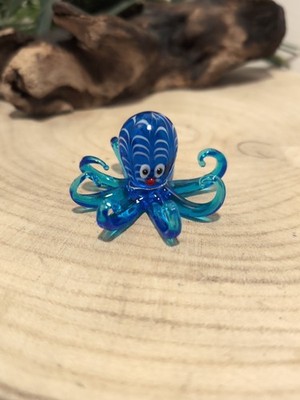Miniatur mundgeblasenes Glas blau und weiß Oktopus Ornament