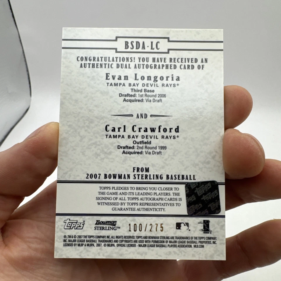 2007 Bowman Sterling Evan Longoria Carl Crawford Dual Autograph Auto RC /275 - Image 2 of 2