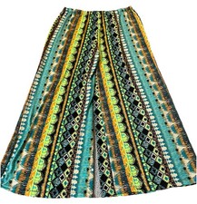 Vtg 80s Palazzo Pants Sz L Multi Pattern Blue Green Wide Leg Pull On USA Made