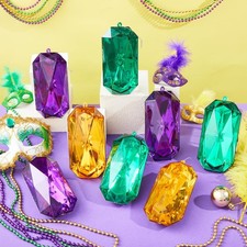 8 Pcs Mardi Gras Ornaments - Glitter Purple Gold Green Hanging Gems for Party De