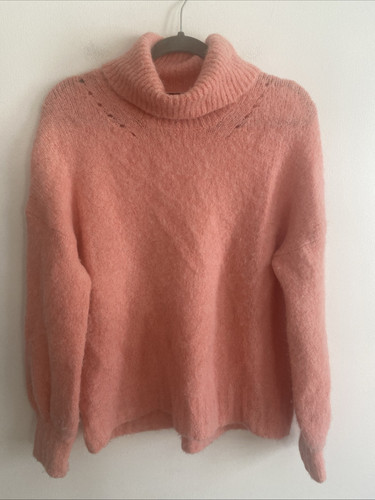 J. Crew Fuzzy Balloon Sleeve Turtleneck Sweater Coral Pink Alpaca Blend Size M - Picture 1 of 7