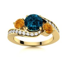 London Blue Topaz  Citirne 5MM Round 925 Silver Gold Plated Three Stone Ring