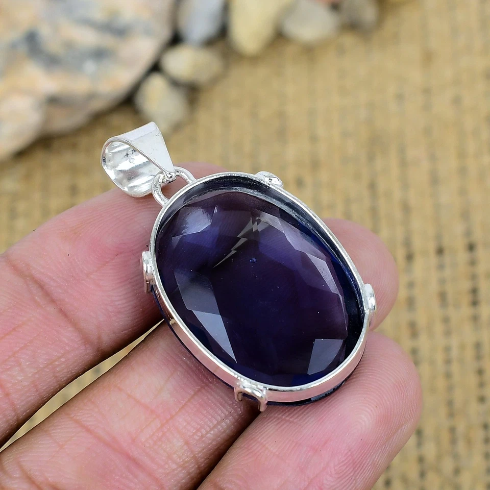 Colgante de plata de ley 925 hecho a mano con piedras preciosas de iolita joyería regalo de acción de gracias Foto 4 de 4