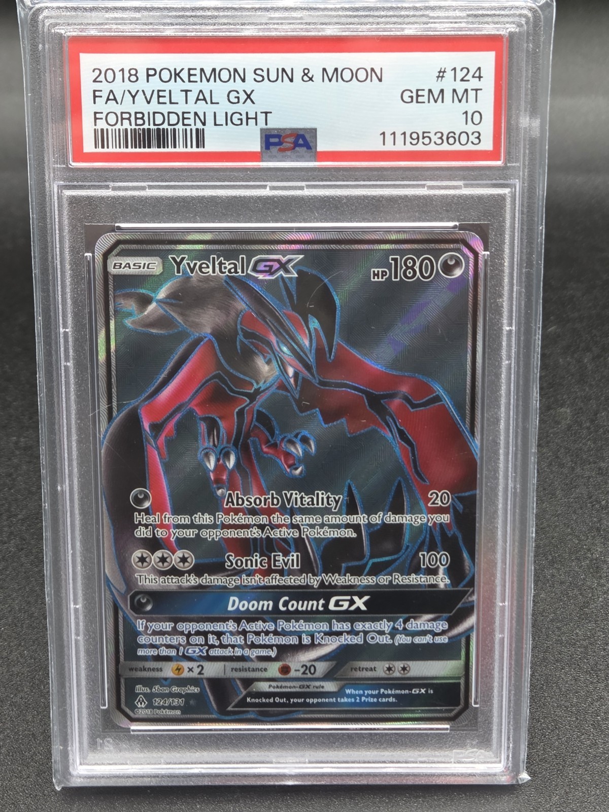 2018 Pokemon Sun & Moon Forbidden Light Full Art Yveltal GX #124 PSA 10