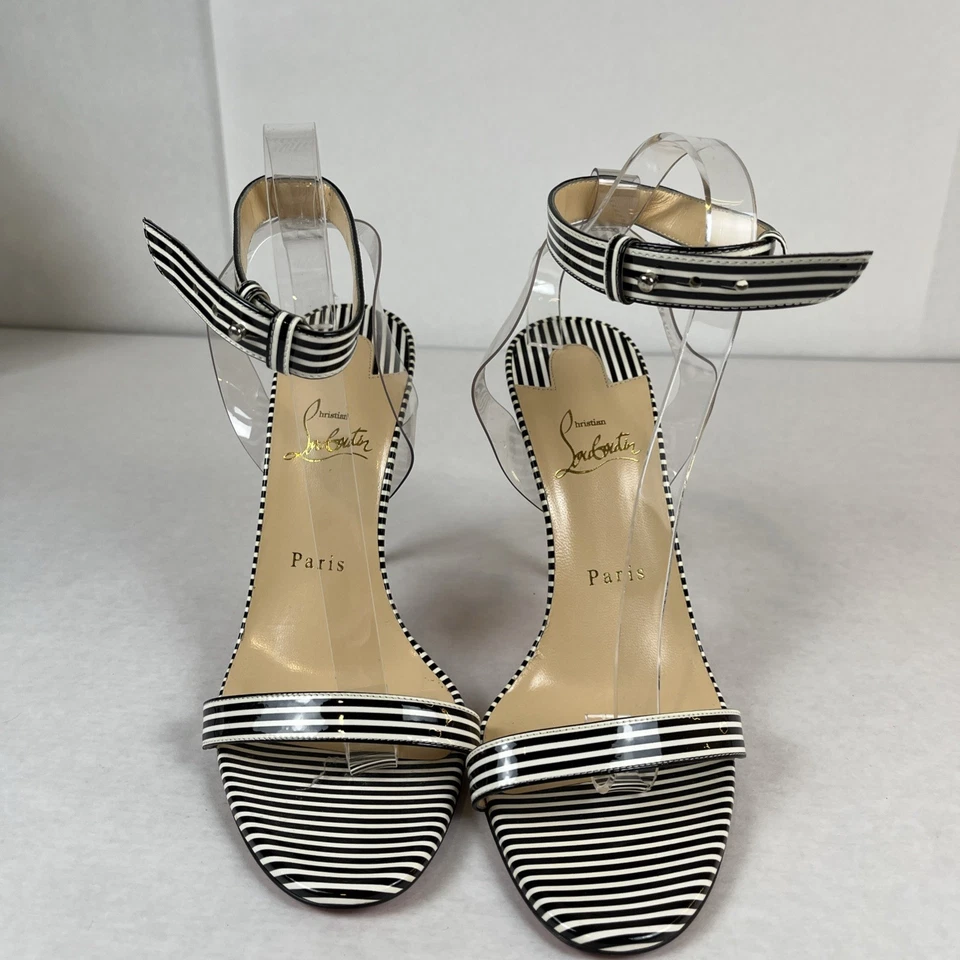 Christian Louboutin Jonatina 100 黑色白色条纹专利凉鞋高跟鞋 40 码 — 第 3/4 张图片