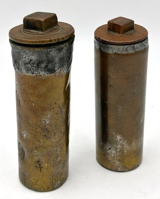 Pair of Solid Brass Screw Top Cylindrical Storage Containers Industrial Rustic