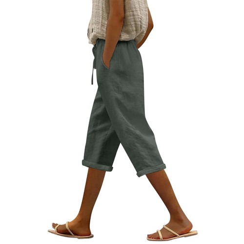 Women's Fashion Casual Loose Solid Colour Cotton Linen Drawstring 7/10 Pants - Picture 32 of 72
