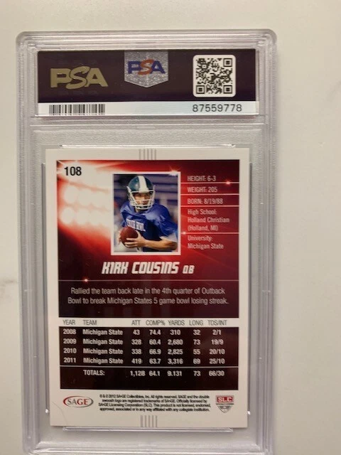 2012 SA-GE HIT #108 KIRK COUSINS RC PSA 10 Sweet card Future HOF - Image 2 of 2