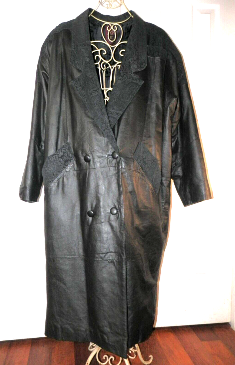 women's G III Maxi Full Long Black Leather Coat Jacket with