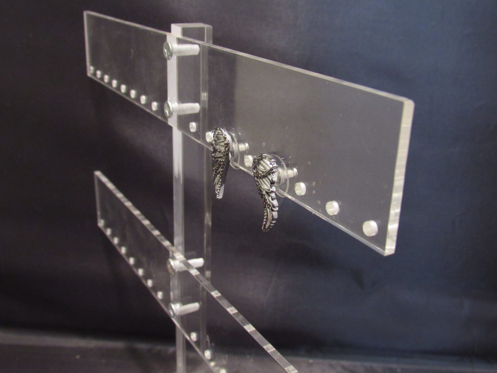 Silver Tone Guardian Angel Wing Stud Earrings with Black Rhinestones