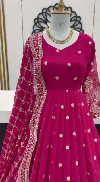 strapless open back dress Payel Saha Rani Pink Color Soft Georgette With Heavy Embroidery Work D –  TANHAI main image 0