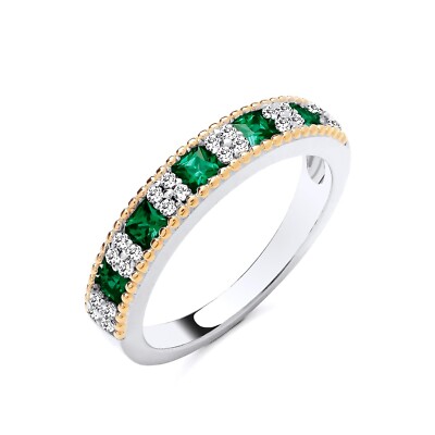 Sterlingsilber & 9 kt Gold simulierter Smaragd & CZ Prinzessschliff Ewigkeitsring