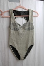 Women's Beige Black Ribbed Polyester sleeveless reversible M Leotard KeyholeBack