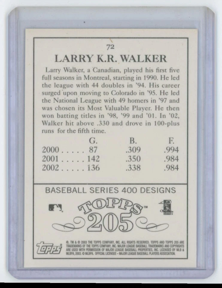2003 Topps 205 Larry Walker . Colorado Rockies #72 - Image 2 of 2