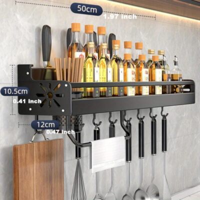 Wall Mounted Spice Rack with Hooks, Hanging Wall Spice Storage Organizer  Shelf