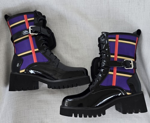 Neu Heroicouture karierte Kampfstiefel schwarz lila Damen 8 M Reißverschluss Beutel Sohle - Bild 3 von 11