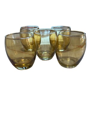 5 Vintage Gold Amber Roly Poly Rocks Glasses MCM 1960s