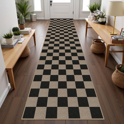 Black Checkered Jute Runner Rug 2.6x10 - Washable Non-Slip for Hallway & Kitchen