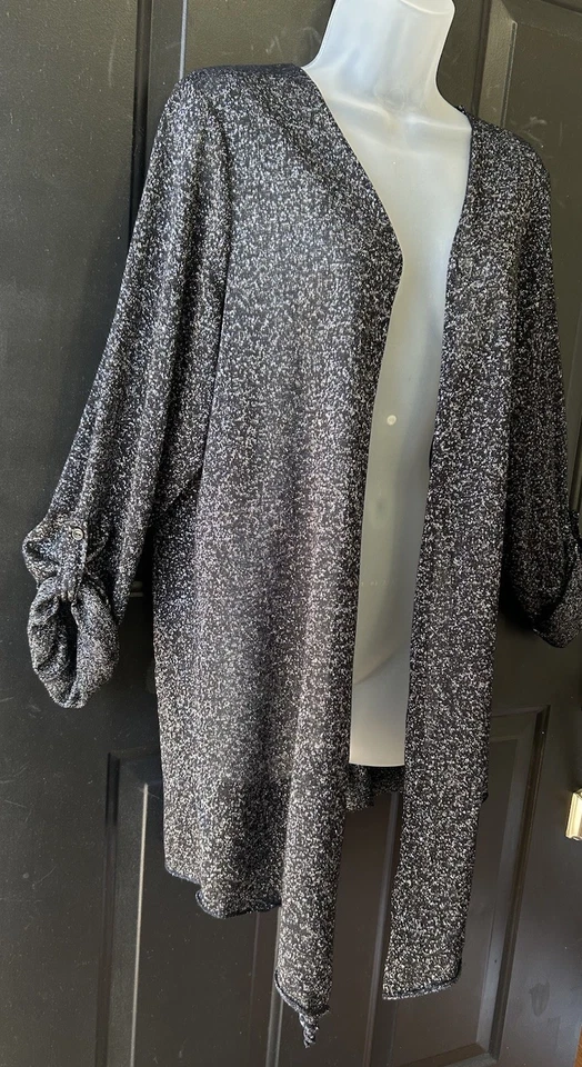 Cárdigan festivo French Laundry frente abierto para mujer talla grande 14/16 negro/plateado Foto 4 de 4