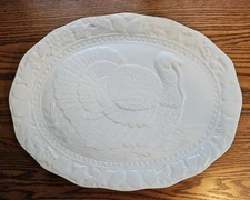 Vintage OGGI White Embossed Ceramic Turkey Platter 17.5” x 13.25" Thanksgiving