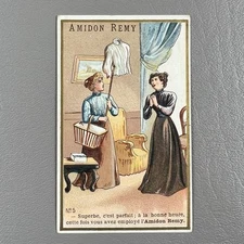 French Victorian Trade Card Amidon Remy Starch Paris 1889 4x2" Two Women