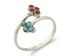 Vintage Zuni Ring 925 Silver Coral  Turquoise Snake Eye Inlay