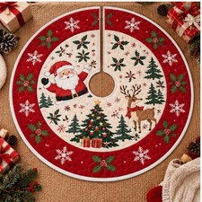 Quilted Christmas Tree Skirt, Santa Claus Reindeer Tree Skirt, Vintage Christmas