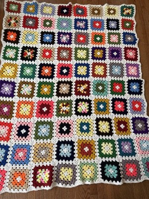 Vintage GRANNY SQUARE Crochet Afghan Blanket Throw ~  Roseanne Style 53  X 71 