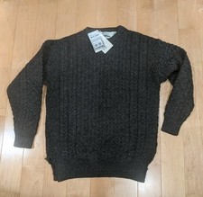 DAMAGED Aran Sweater Market Mens Cable Knit Sweater 100 Wool Grey L