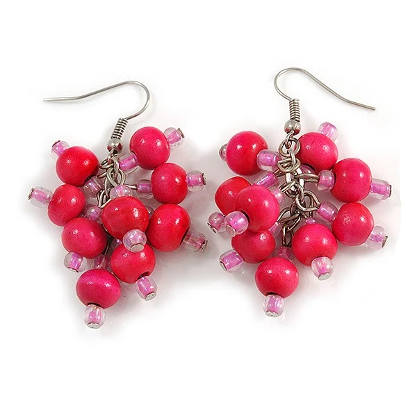 Deep Pink Wood Bead Cluster Drop Earrings in Silver Tone Metal - 55mm L - Image 3 of 4