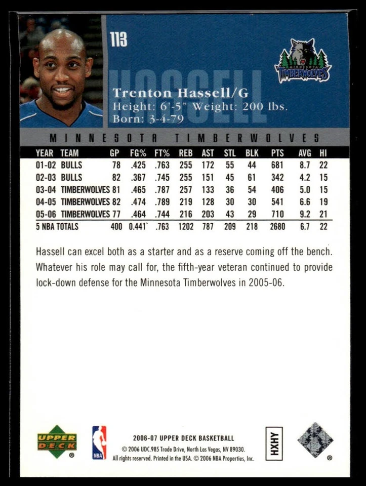 2006-07 Upper Deck #113 Trenton Hassell - Image 2 of 2