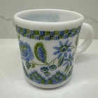 Vintage Hazel Atlas Milk Glass Blue Green Floral Stitch Checkered Mug Cup