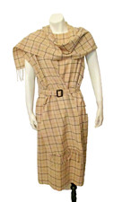 $2690 Carolina Herrera Italy Grey Plaid Attached Fringed Scarf Belted Dress 10