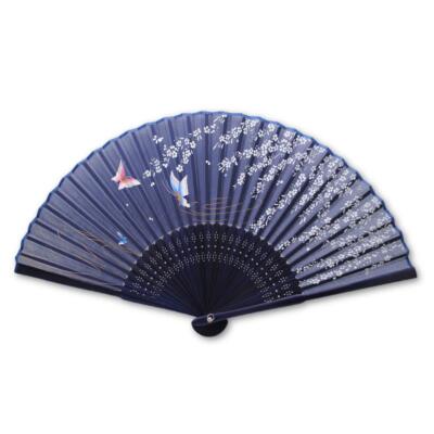 SILK HAND FAN 8'' Blue Butterfly and Wistera High Quality Folding Pocket Purse