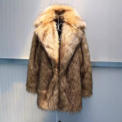 American Style Mens Lapel Collar Mid Long Coat Faux Raccoon Fur Coat Overcoat XL