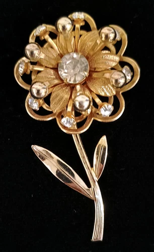 Vintage Costume Jewelry Gold-Tone & Rhinestone  Flower Brooch Pin