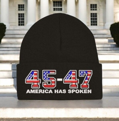 Trump 2024 Hat 45-47 America Has Spoken Black Winter Hat - Black Cuff Beanie - Picture 7 of 8