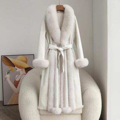 Women's Mid Long Coat Overcoat Real Fox Fur Collar Rabbit Fur