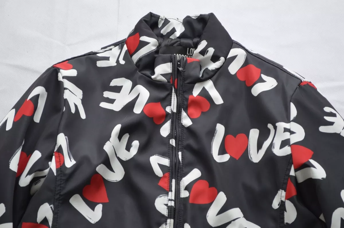 Love Moschino Black Love Heart Print Zip Through Jacket Coat Womens UK 10 US 6