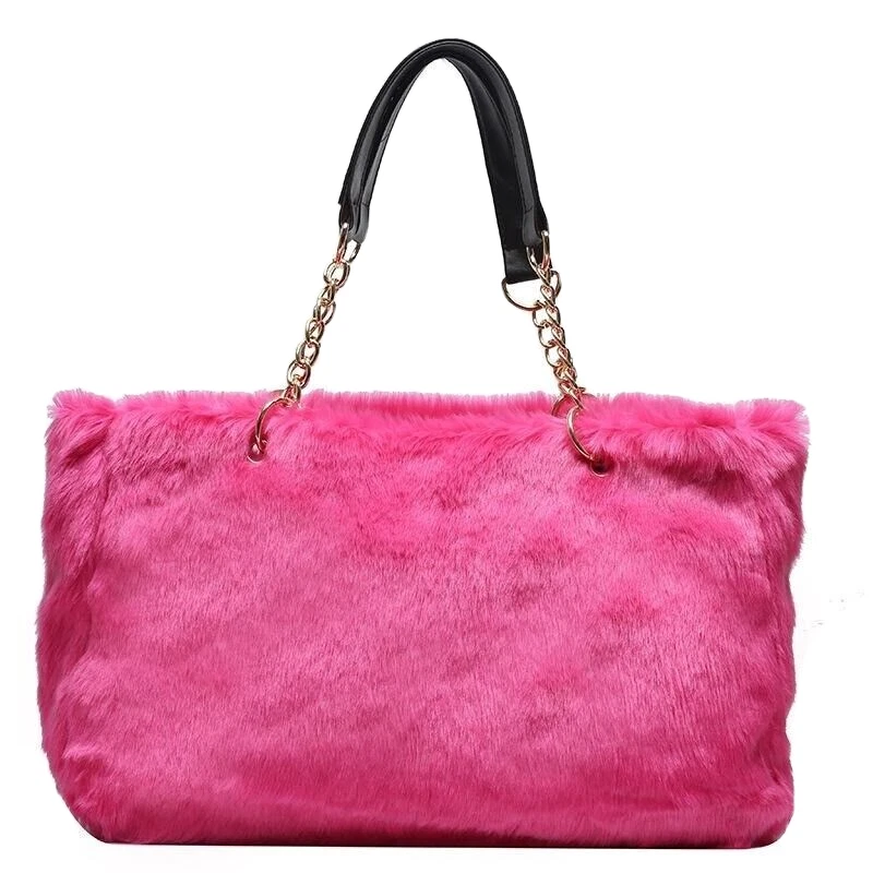 New Women Winter Fashion Warm Shoulder Pink Tote Bag Faux Fur Messenger Handbags