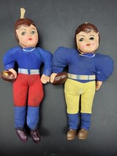 Pair 2 Antique Football Player Dolls 1930s Japan Blue/ Gold Navy - Blue/ Red
