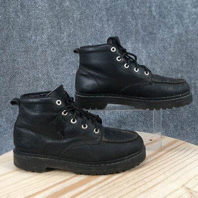 Skechers Hiking Boots Mens 11 Black Leather Lace Up Moc Toe Ankle Top Logo 