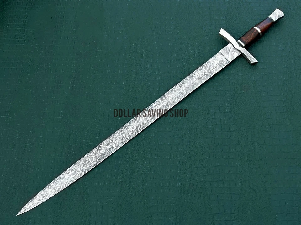 Hand Forged Medieval Knight Templar Damascus Steel Sword with Leather Cover - Image 3 of 4
