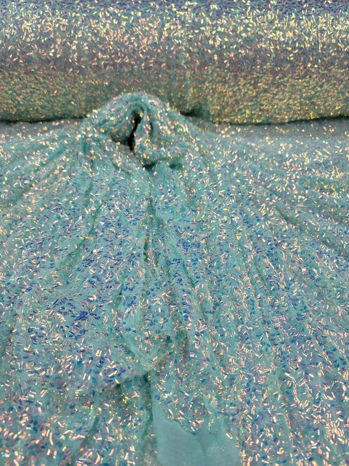 Tecido vendido por jarda lantejoulas perfeitas bordado iridescente em malha elástica Clothi - Imagem 2 de 4