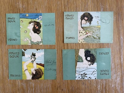Raphael Kirchner Süße Früchte Jugendstil Glamour Postkarte x4