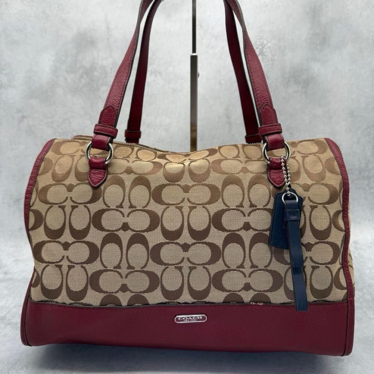 COACH Signature 2Way Tote Shoulder Bag Burgundy Canvas Leather thumbnail 2