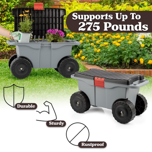 Carrello da Giardino Puro con Sedile, Sgabello da Giardino Portaoggetti in Plastica, Grigio - Foto 5 di 5
