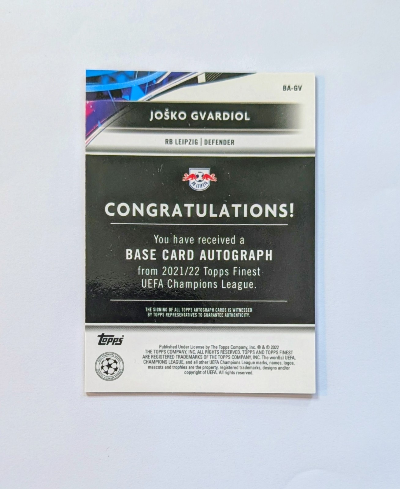 Josko Gvardiol Rookie Auto Refractor 2021 Topps Finest UEFA UCL Man City Croatia view 2