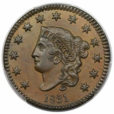 1831 Coronet Head Large Cent, Large Letters, N-6, double profile, PCGS AU58