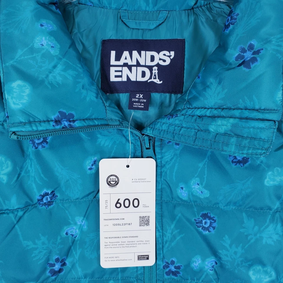 NEW Lands' End Puffer Vest size 2X Goose Down Fill 600 Teal Green Floral - Image 2 of 4
